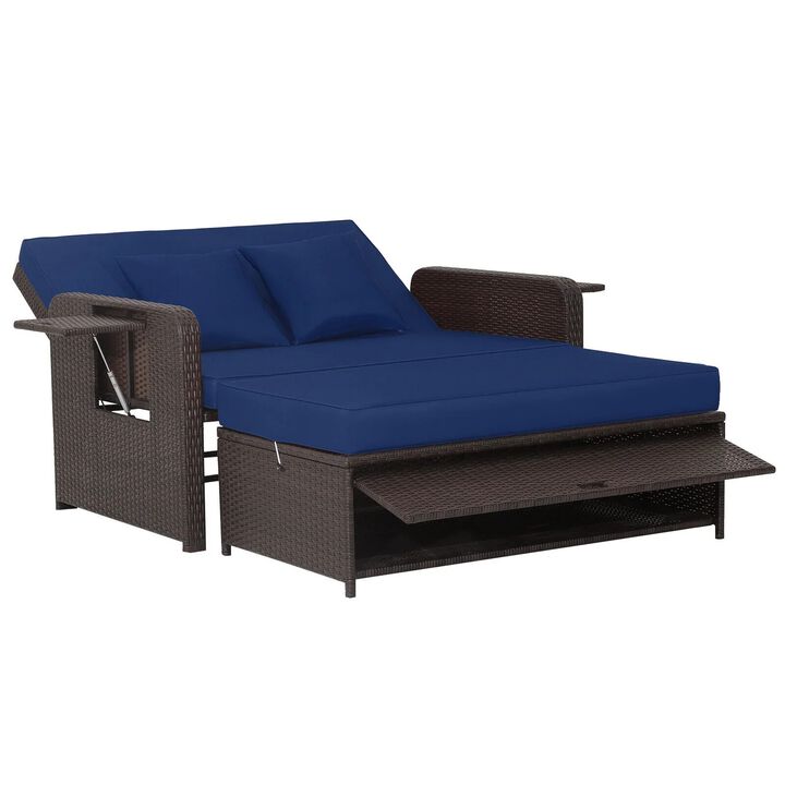Mondawe Patio Rattan Daybed with 4-Level Adjustable Backrest and Retractable Side Tray