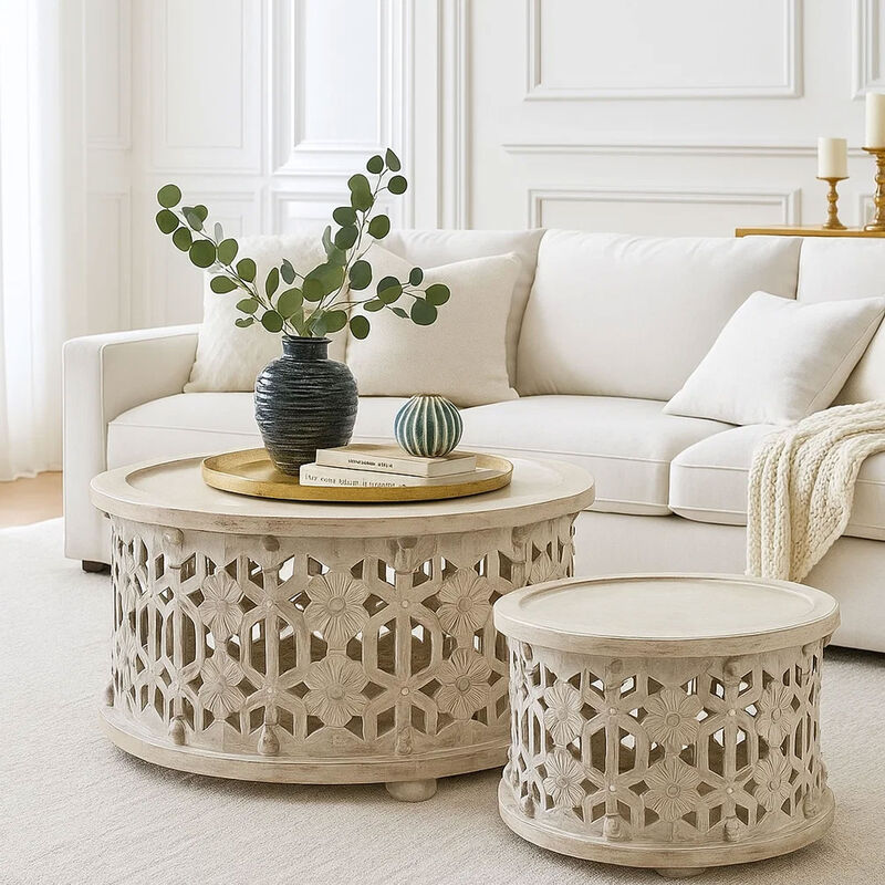 30 Inch Round 2 Piece Wood Coffee Table Set, Carved Floral Design, Antique White