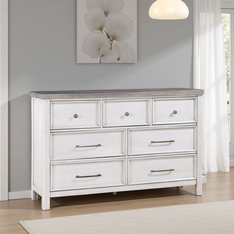 Amby Dresser, 62 Inch, 7 Drawers, Farmhouse White Gray Acacia Wood - Benzara