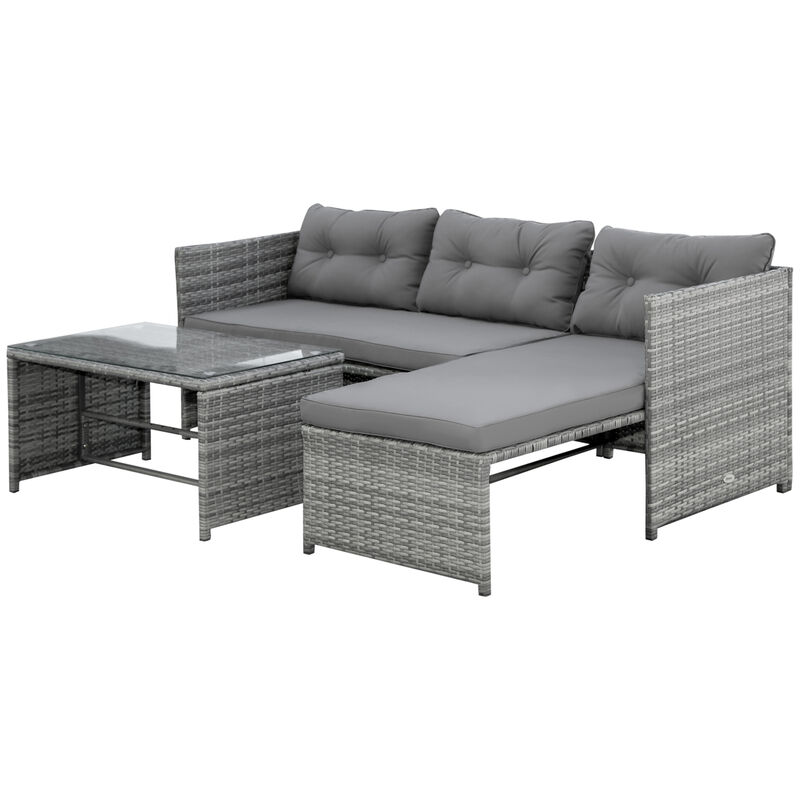 3PC Outdoor Wicker Furniture Set, Table, 3 Seats, Pillows, Cushions, Charcoal