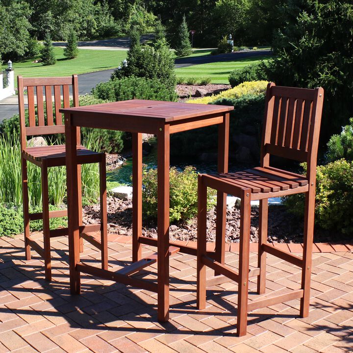 Sunnydaze Meranti Wood 3-Piece Patio Bar Table and Chairs Set