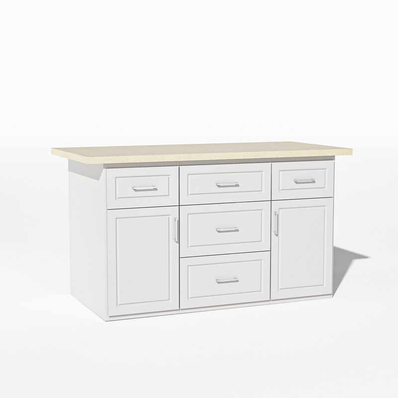 FUFU&GAGA White Paint Finish Kitchen Island with 5 Drawers 2 Doors Adjustable Shelves Silver Handles 66.9''L × 31.4''W × 37''H