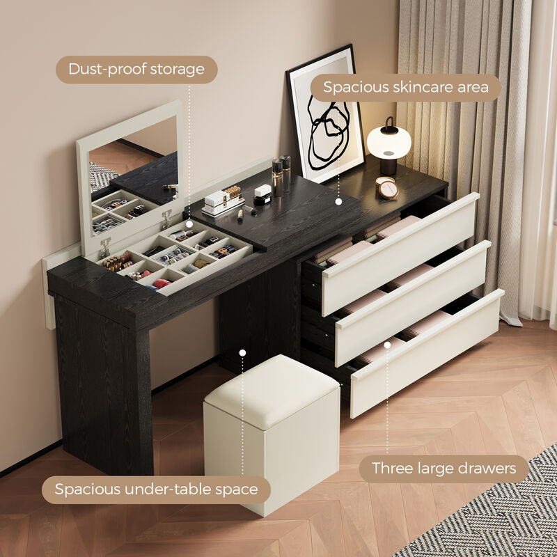 Adjustable L-Shaped Desk with Chair, 3 Drawers, Flippable Mirror & Storage Space for Writing & Vanity 47-70" Black & White