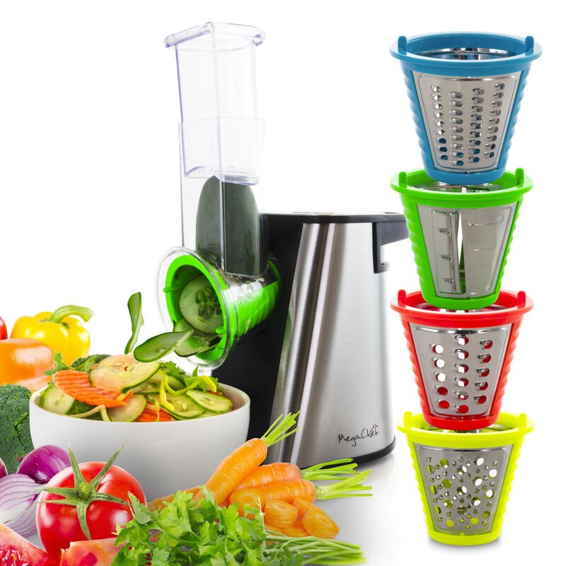 Megachef 4 in 1 Stainless Steel Electric Salad Maker, Salad Shooter, Shredder, Slicer, Chopper, Shooter with One-Touch Control and Attachments