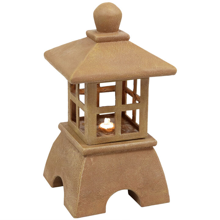 Sunnydaze Asian Pagoda Resin Outdoor Water Fountain with LED Lights - 23 in