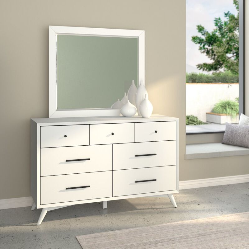 Alpine Furniture Flynn Mid Century Modern 7 Drawer Dresser, White