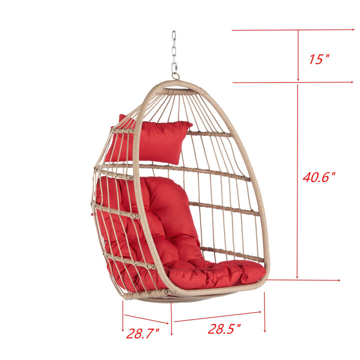 Outdoor Garden Rattan Egg Swing Chair Hanging Chair Wood &Red cushion