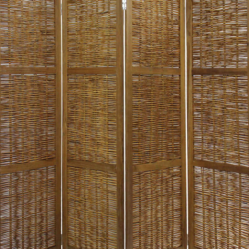 68 Inch Cottage Style 4 Panel Screen Room Divider, Willow Weaving, Brown-Benzara image number 3