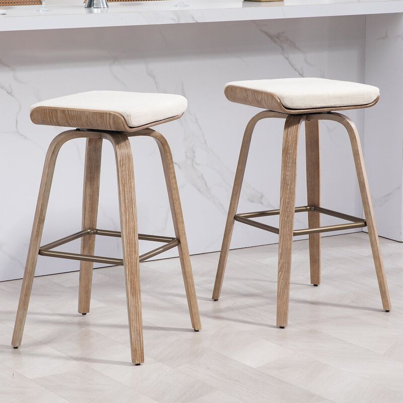 Glamour Home Set of 2 Beatrix Beige Woven Fabric Bar Stool with Natural Wood Legs