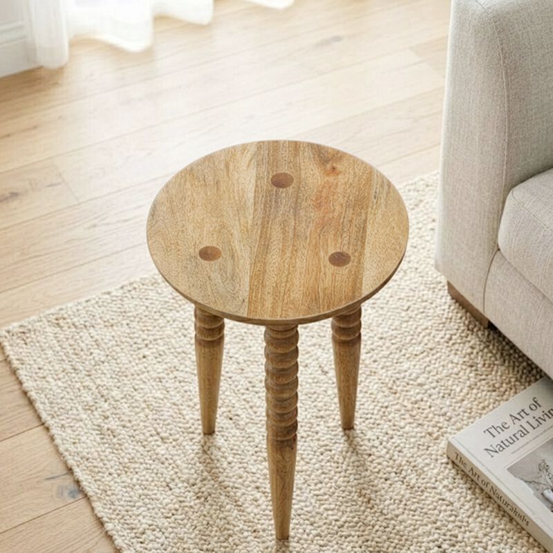 Geya Round Side Table, Tripod Spindle Legs, Natural Brown Mango Wood, 24 Inch High image number 6