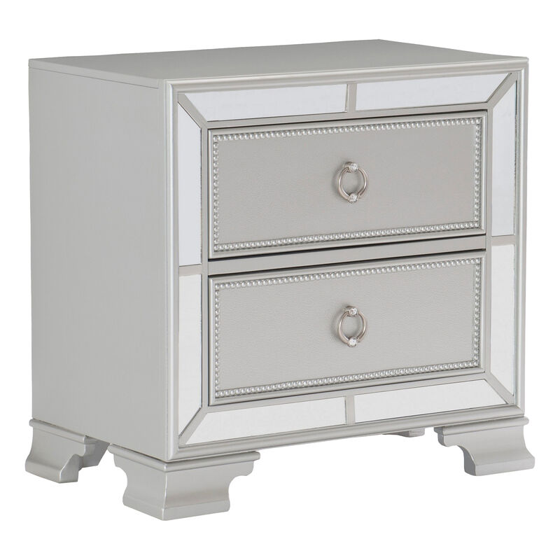 Badra Four Pc Queen Bedroom Set, Crystal Tufted Gray Faux Leather, Silver Mirror Trim - Benzara