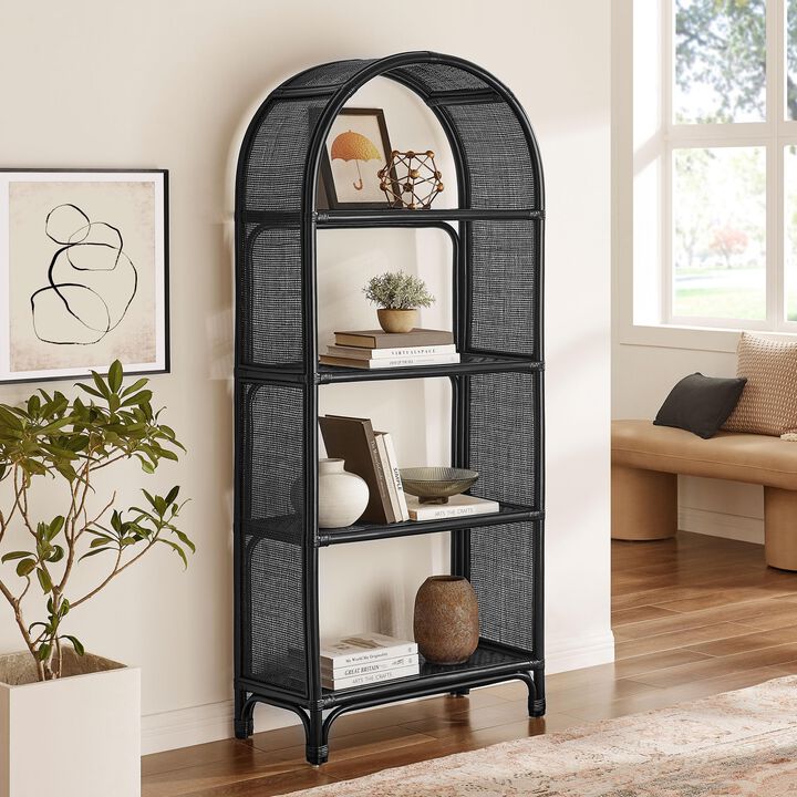 Modway Celeste Tall Arched 67 Inch Wood and Natural Rattan Bookcase in Black &ndash; Tall Open Back Bookshelf with 6 Shelves for Living Room, Bedroom, Office