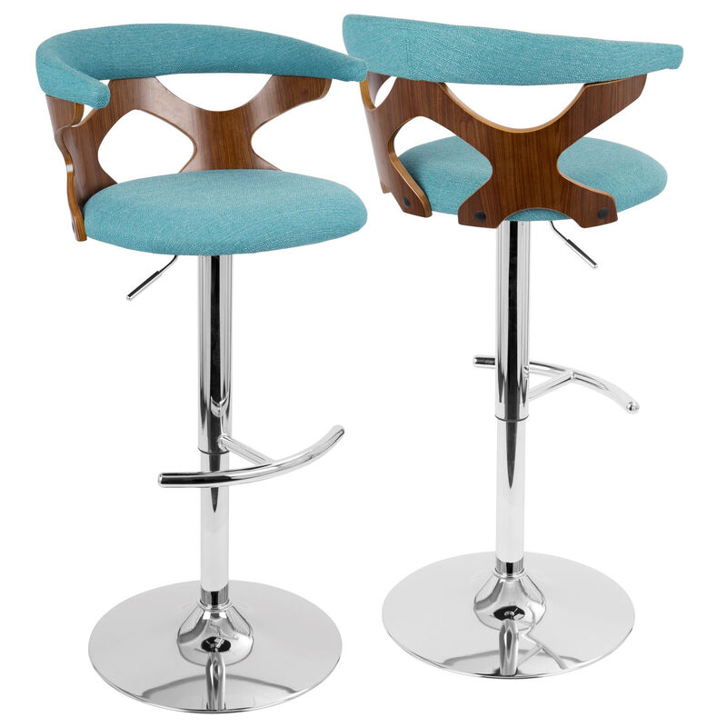 Lumisource Gardenia Mid-Century Modern Adjustable Barstool with Swivel in Chrome, Walnut Wood and Fabric - Set of 2