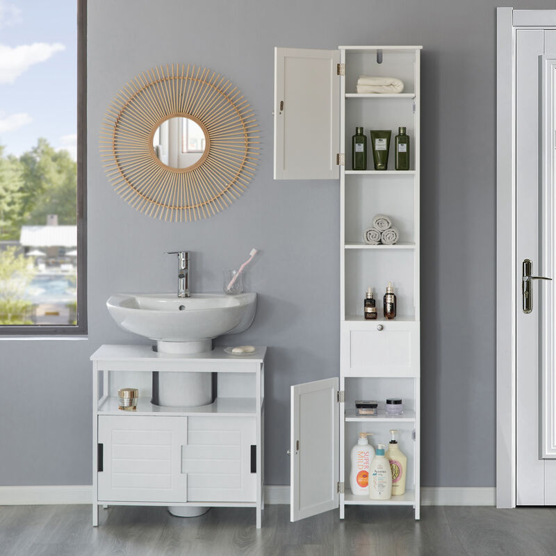 White Tall Standing Bathroom Linen Tower Storage Cabinet for Bathroom and Vanity