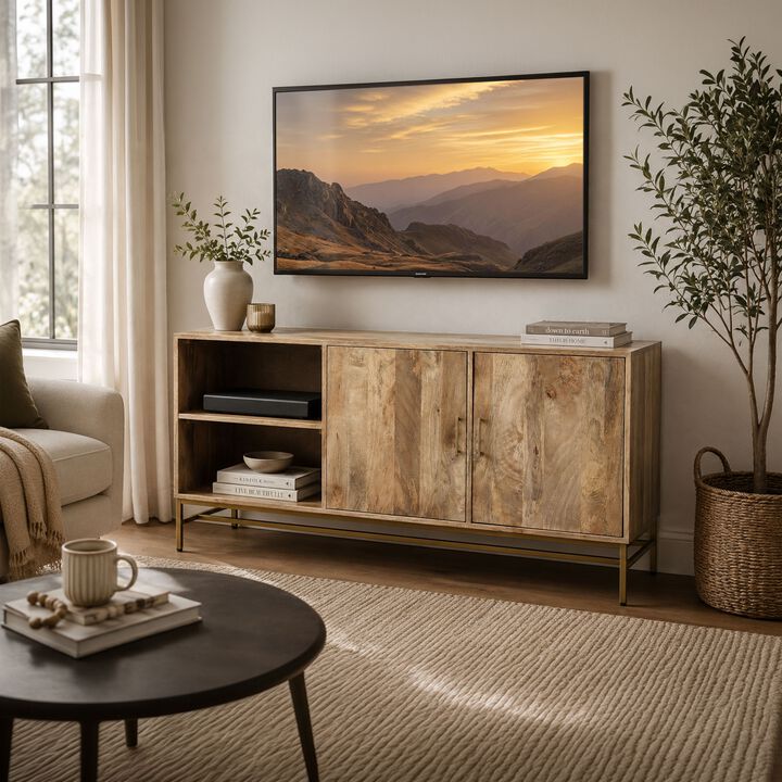 Lysa 50 Inch Sideboard Buffet Cabinet with Open Shelves, Gold Iron Base, Natural Brown Mango Wood