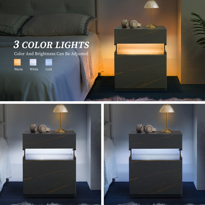 TATEUS Acrylic LED Nightstand with 3 Drawers, Lighted Bedside Table Dresser for Bedroom End Furniture