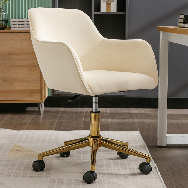 Modern Velvet Fabric Material Adjustable Height 360 revolving Home Office Chair with Gold Metal Legs and Universal Wheels for Indoor,Beige