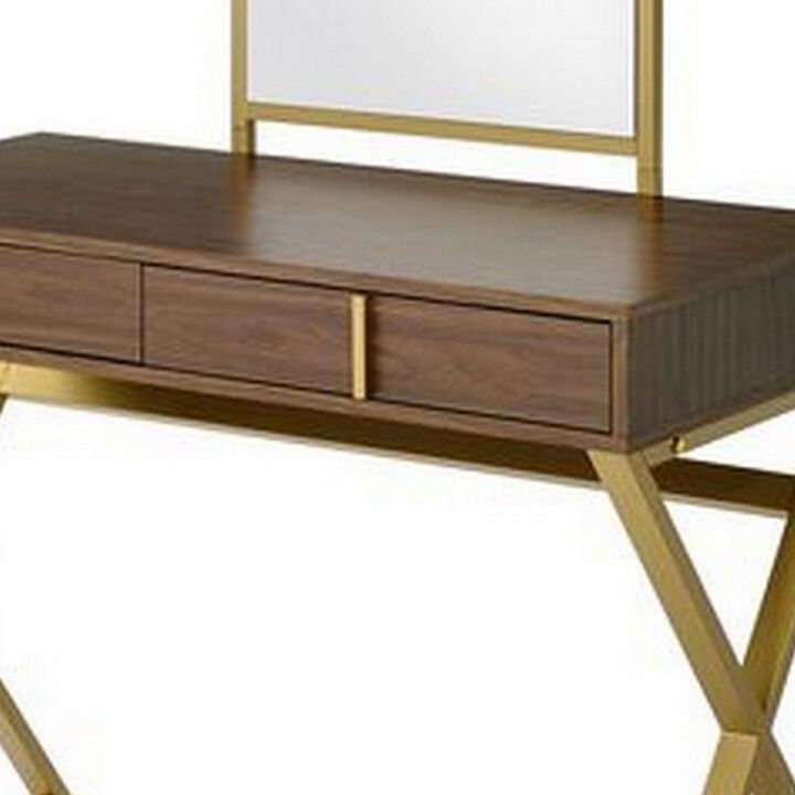 50 Inch Classic Arched Mirror Vanity Desk, Wood, X Metal Frame, Brown, Gold-Benzara