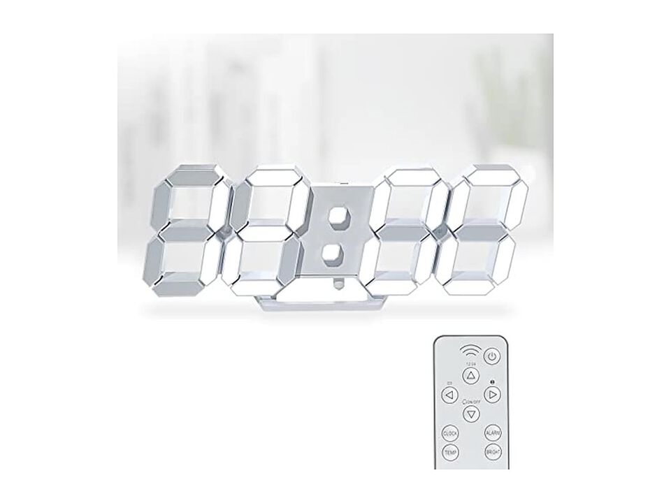 LED Digital Display Table Desk Remote Wall Clock 7 Inch White Home Decor