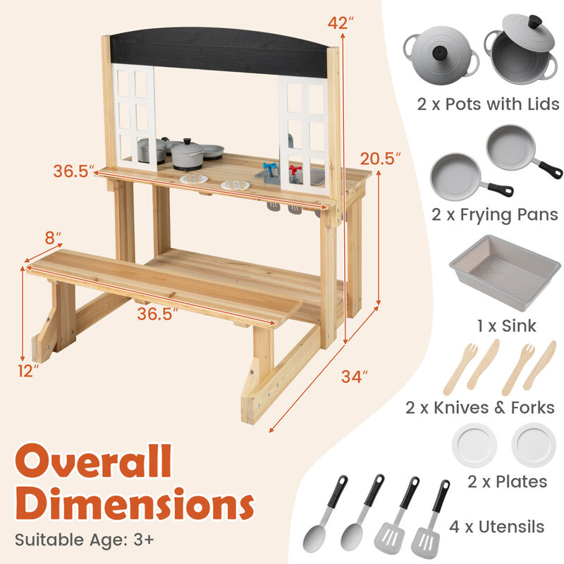 Kids Pretend Play Kitchen Set with Bench and Accessories image number 2