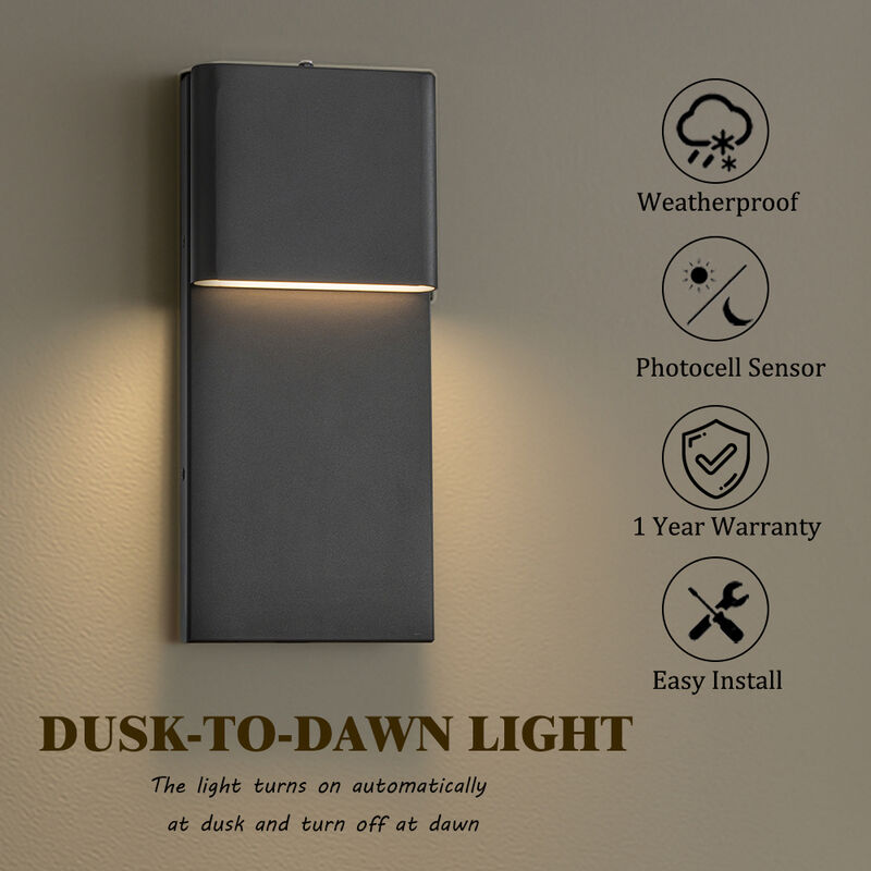 1-Light H13 in Modern Simple Square 10W Integrated LED Outdoor Wall Sconce with Dusk to Dawn Sensor in Matte Black for Porch Patio image number 3