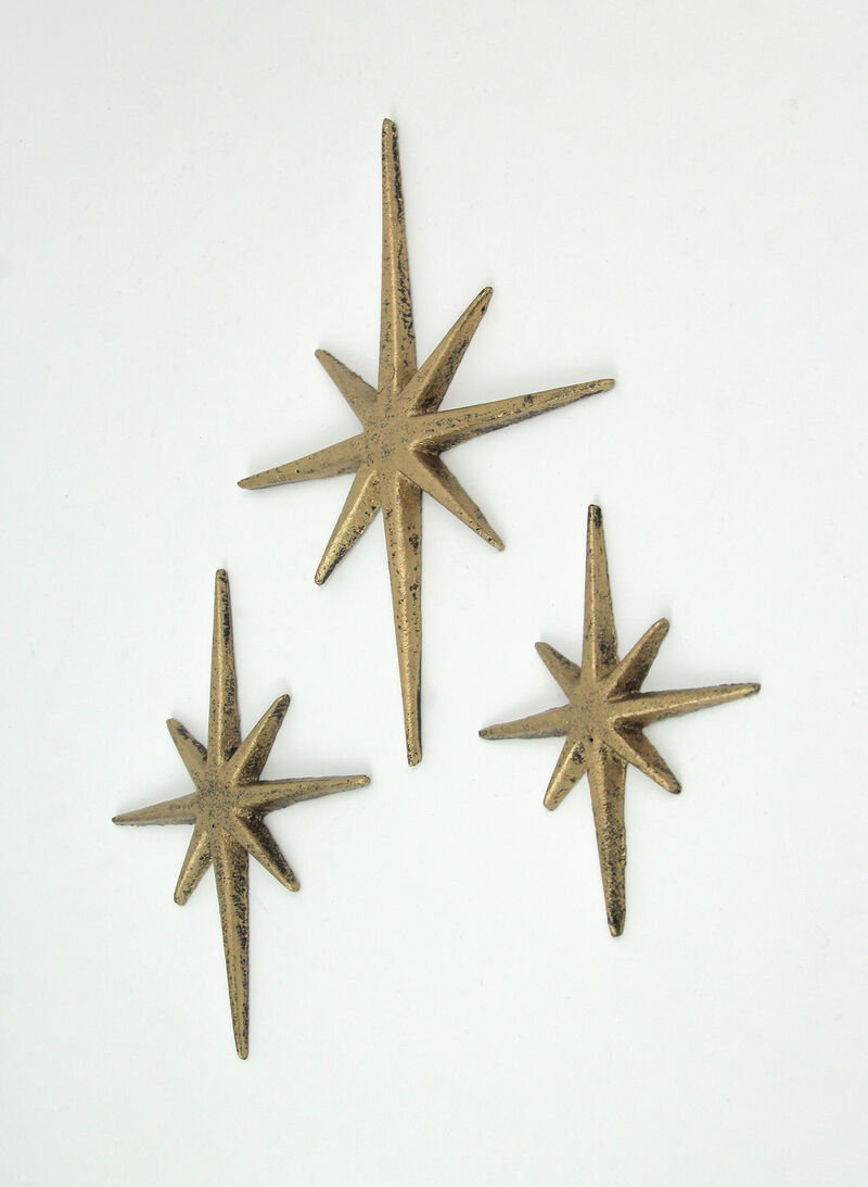 Set of 3 Gold Cast Iron 8 Pointed Starburst Wall Hangings Mid Century Stars image number 1