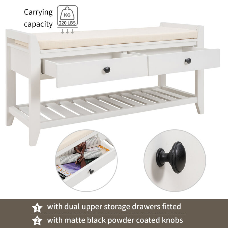 Shoe Rack With Cushioned Seat And Drawers, Multipurpose Entryway Storage Bench (White)