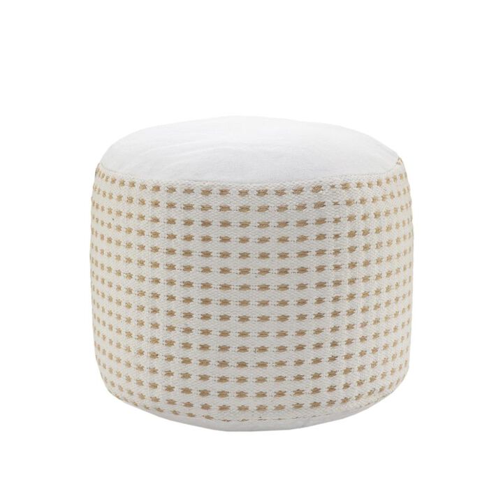 Hivvago 18 Inch White Jute Blend Round Geometric Pouf Ottoman