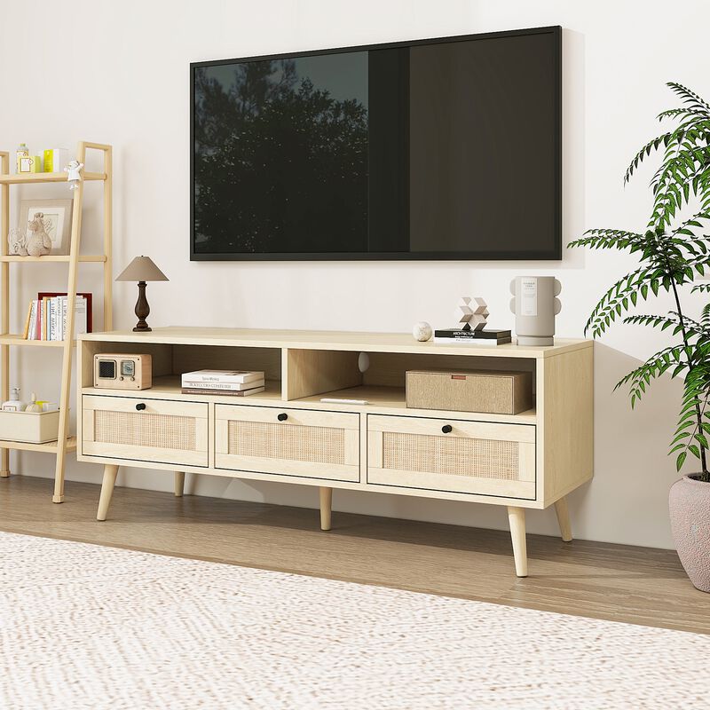 MONDAWE Rattan TV Stand with Solid Wood Feet, Entertainment Center with Storage and Shelf, Wood TV Media Console Table for Living Room Bedroom image number 2
