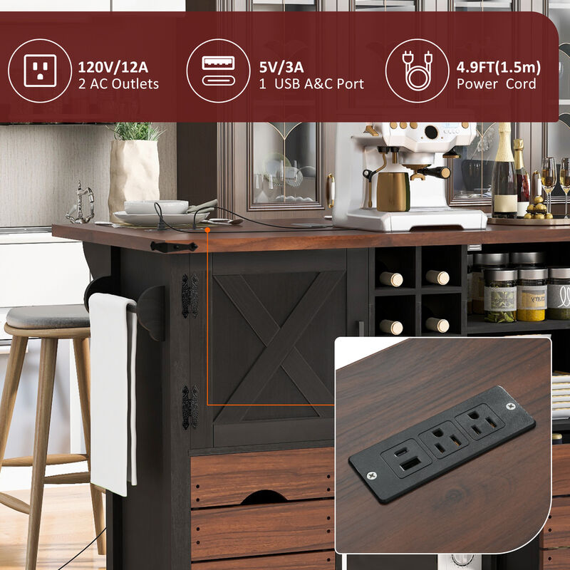Whisen 54" Farmhouse Kitchen Island with 2 Drawers, Power Outlet & Adjustable Shelves, MDF for Kitchen & Dining image number 7