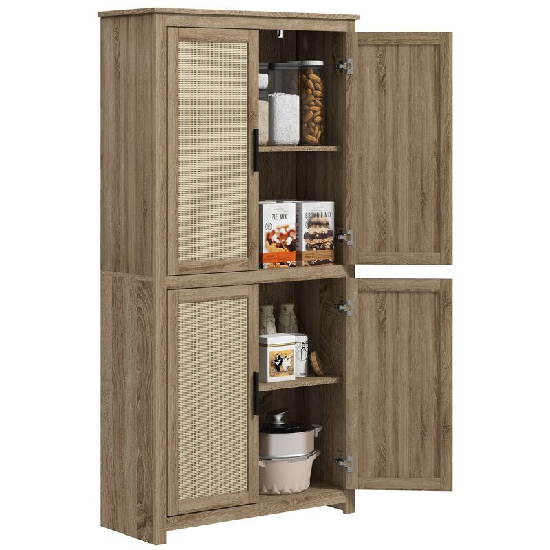 64" Natural Rattan Kitchen Pantry: 4 Doors, 4-Tier Shelves
