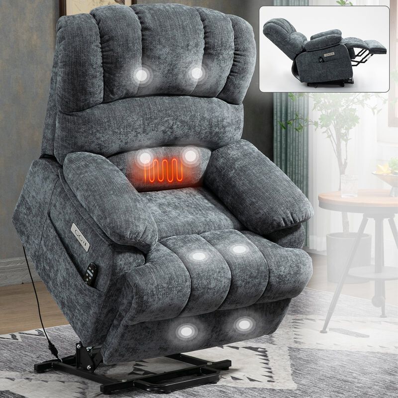 Mondawe 23" Seat Width and High Back Large Size Chenille Power Lift Recliner Chair with 8-Point Vibration Massage and Lumbar Heating