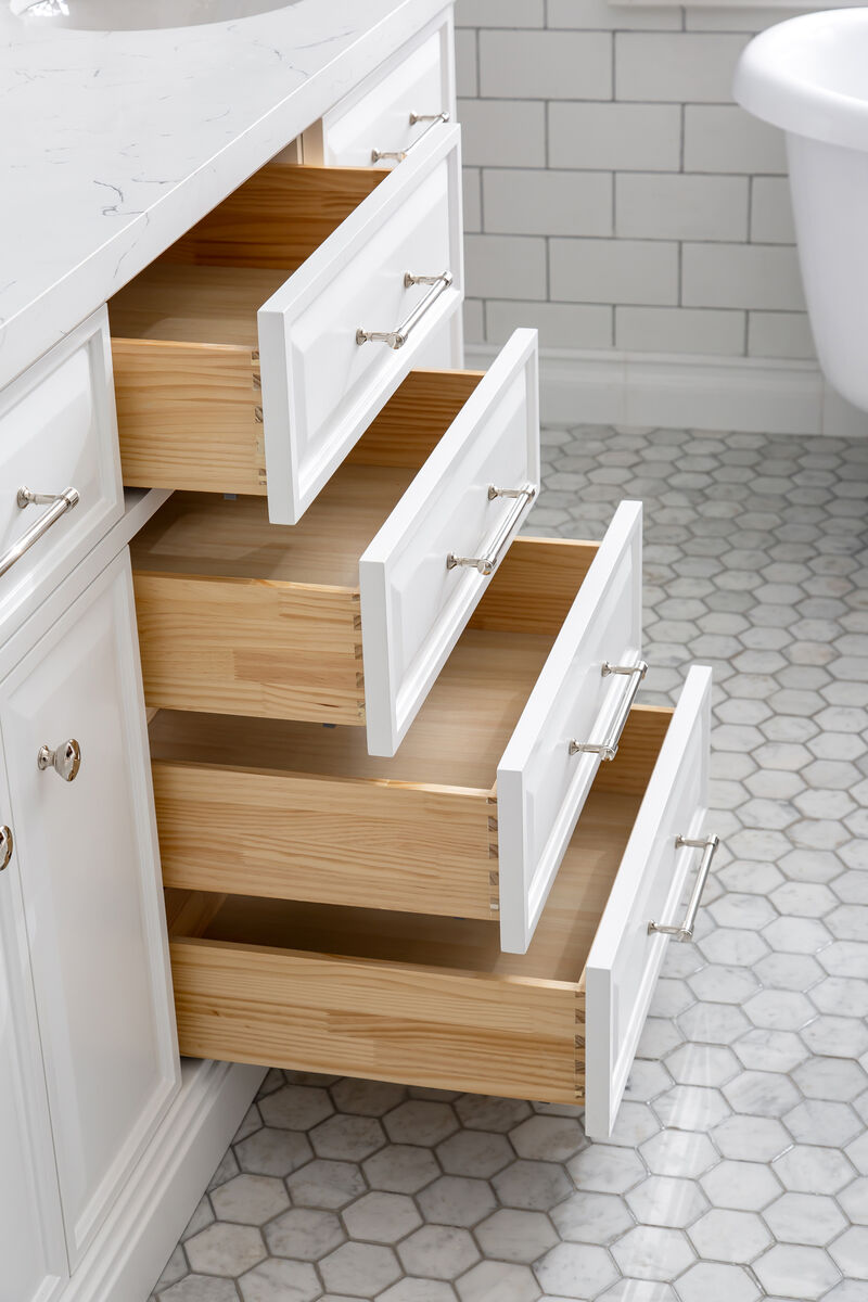 Palace 72 In. Double Sink Carrara Quartz Countertop Bath Vanity in Pure White with Polished Nickel (PVD) Hardware