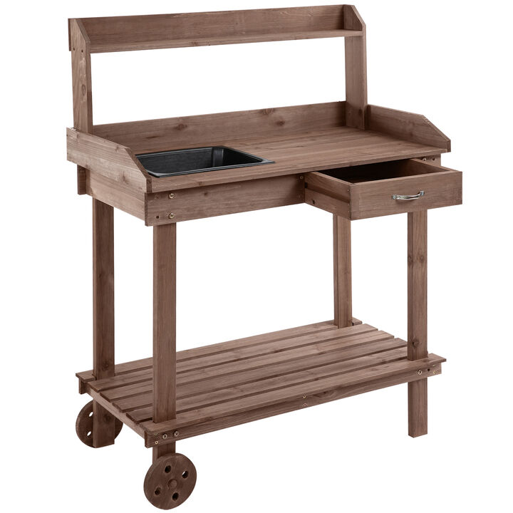 Outsunny 36'' Wooden Potting Bench Work Table with 2 Removable Wheels, Sink, Drawer & Large Storage Spaces, Brown
