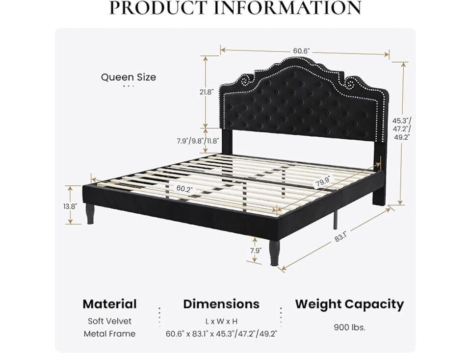 Queen Upholstered Bed Frame &ndash; Velvet Platform with Tufted Headboard & Slat Support