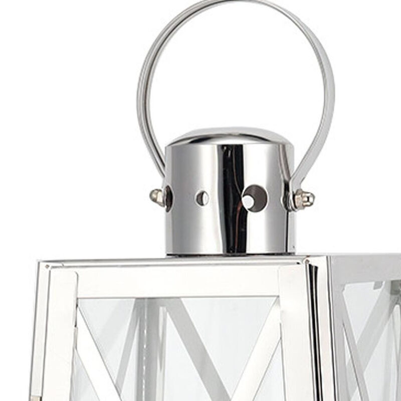 HomeRoots 12" Clear And Silver Glass And Stainless Steel Tabletop Lantern Candle Holder