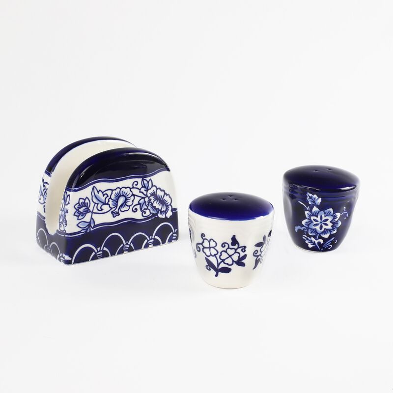 Blue Garden Table Accessory Set &mdash; Salt & Pepper Shakers and Napkin Holder, Blue & White Stoneware