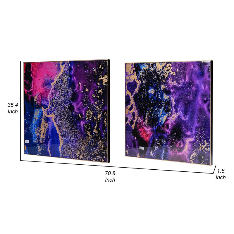 35 x 35 Set of 2 Framed Wall Art Prints, Gold Pink Purple Abstract Painting - Benzara