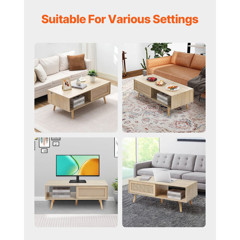 Mid Century Rattan Coffee Table with Two-Tier Storage for Living Room or Bedroom