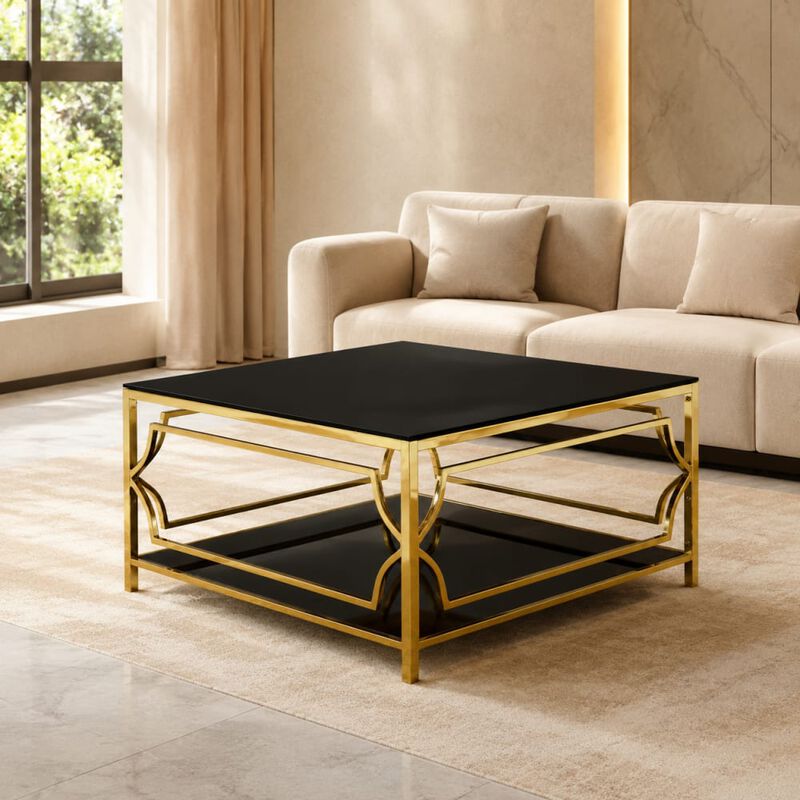 GOODSILO 33.5 Inch Square Tempered Glass Coffee Table with Geometric Metal Frame, Lower Storage Shelf for Modern Living Space Use image number 2