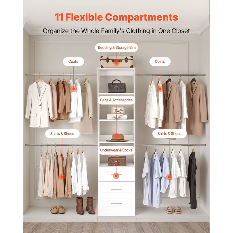 Wooden Closet System with 4 Hanging Rods and Drawer Storage - White image number 4