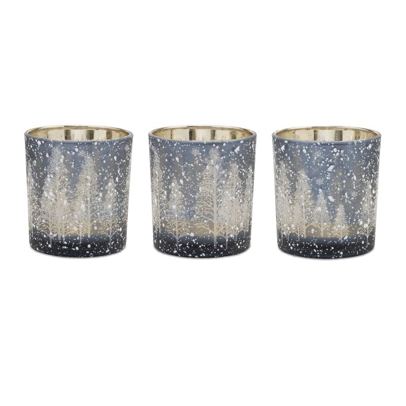 Set of 3 Pine Tree Glass Votive Holders for Holiday Table or Mantel Display