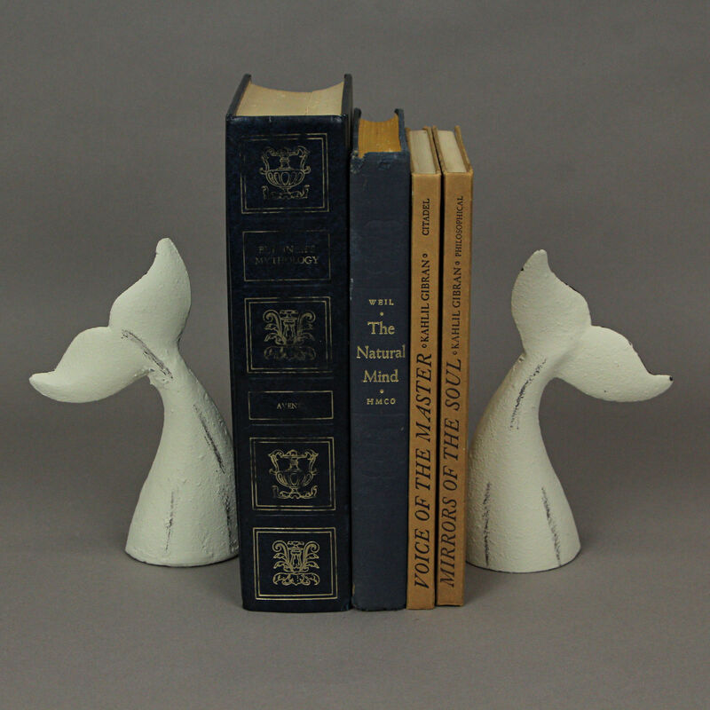 Set of 2 White Cast Iron Whale Tail Bookends Nautical Home Decor Bookshelf image number 5