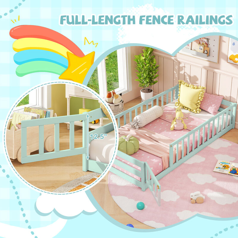 Twin Size Wood Montessori Floor Bed for Kids with Safety Fence and Door image number 6