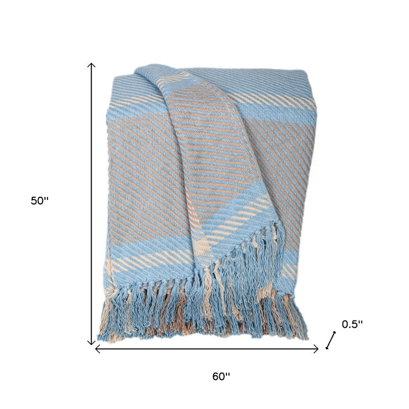 HomeRoots 50" X 60" Blue Gray and Beige Woven Cotton Plaid Throw Blanket with Fringe image number 5