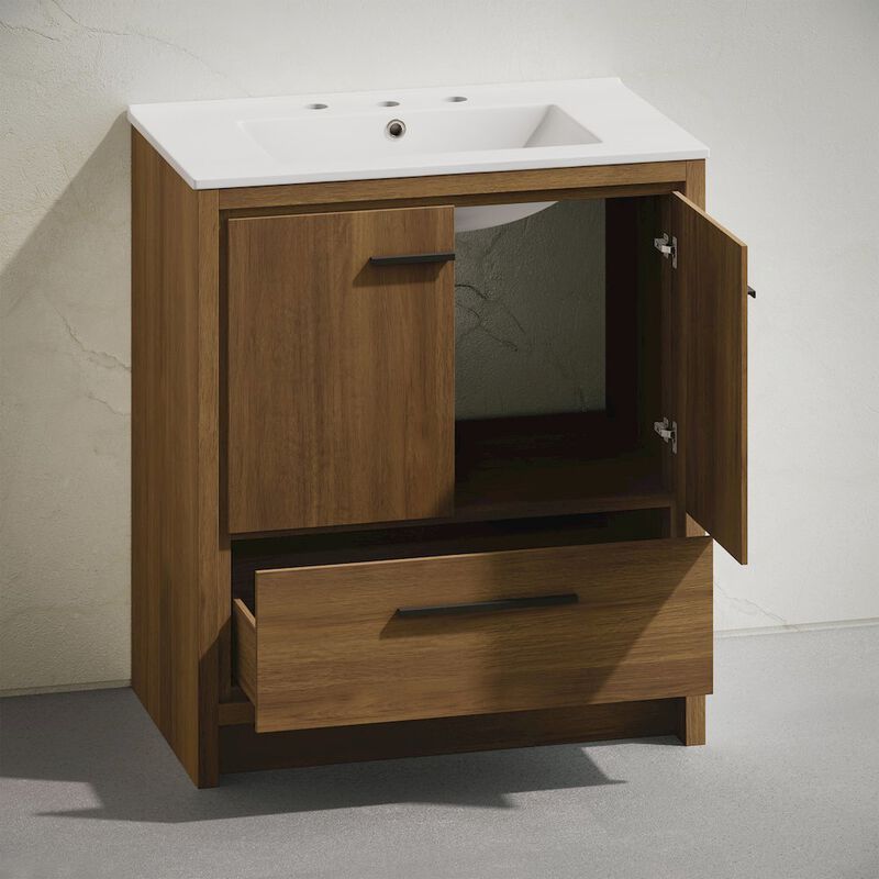 30" Freestanding Bathroom Vanity in Brown Oak with 3-Hole Widespread Sink Top image number 4