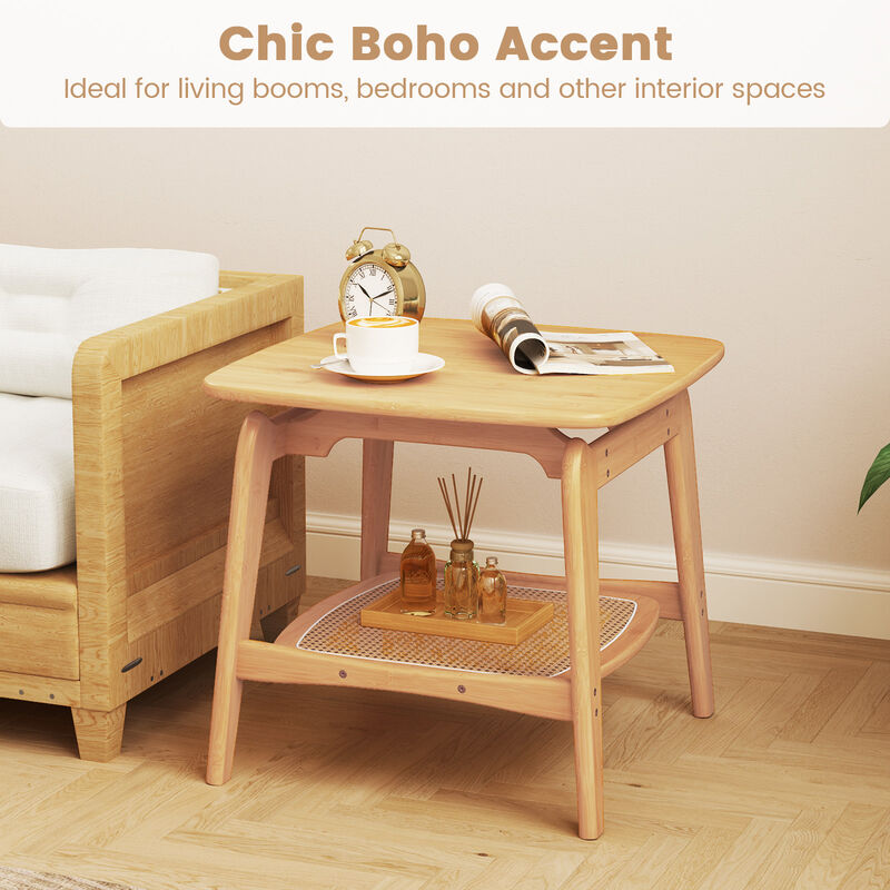 Boho Wicker Sofa Side Table with Faux Rattan Storage Shelf