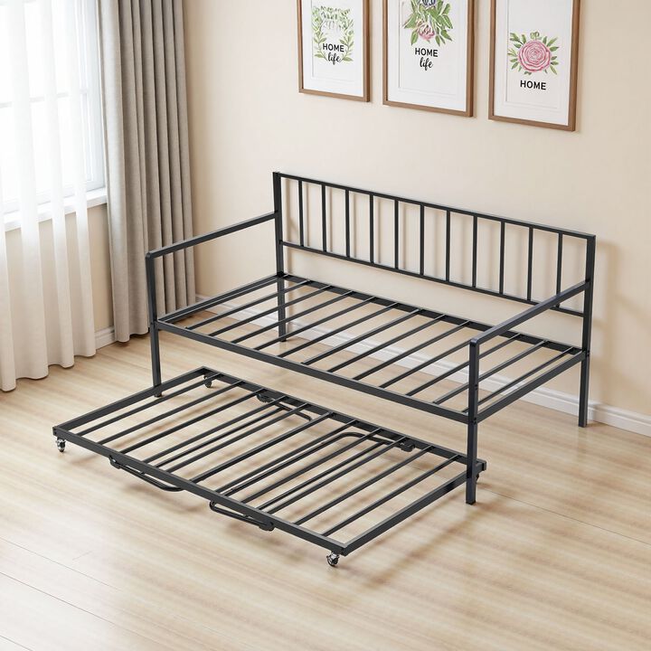 Twin Size Daybed Frame with Trundle, Adjustable Height With LED Light and Charging Station-Black