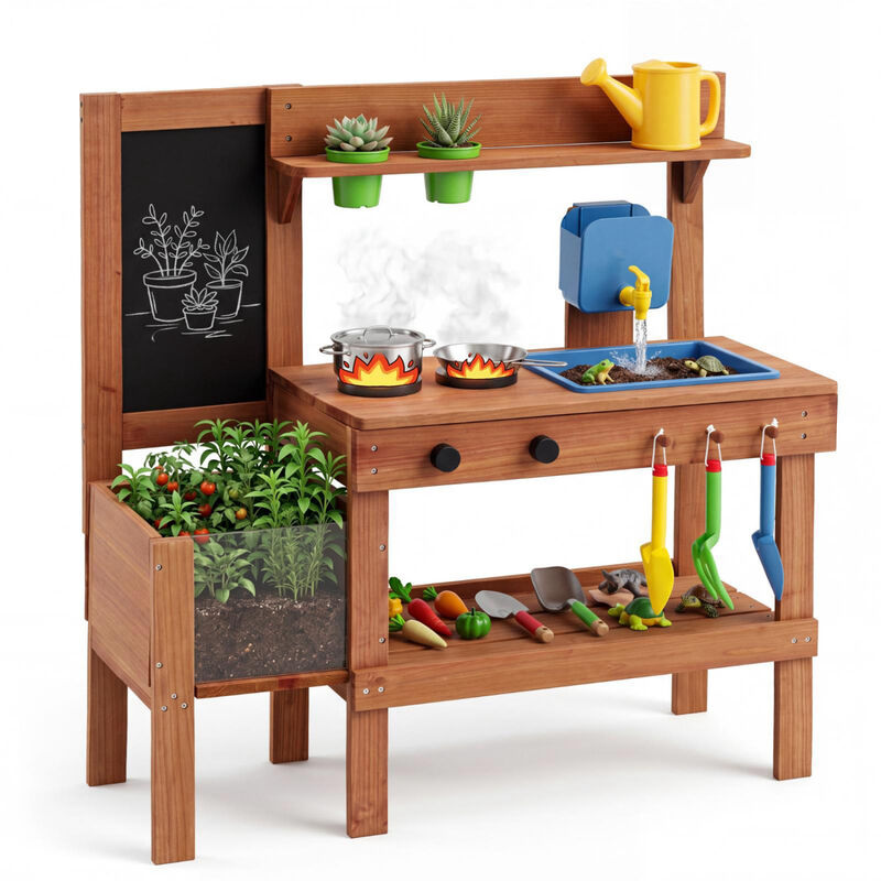 Kids Mud Kitchen Playset with Sink Planter Box and 13 Accessories image number 3