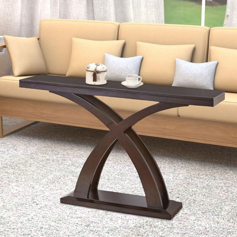 Sofa Table with X-Cross Base Support and Open Bottom Shelf, Brown-Benzara image number 2